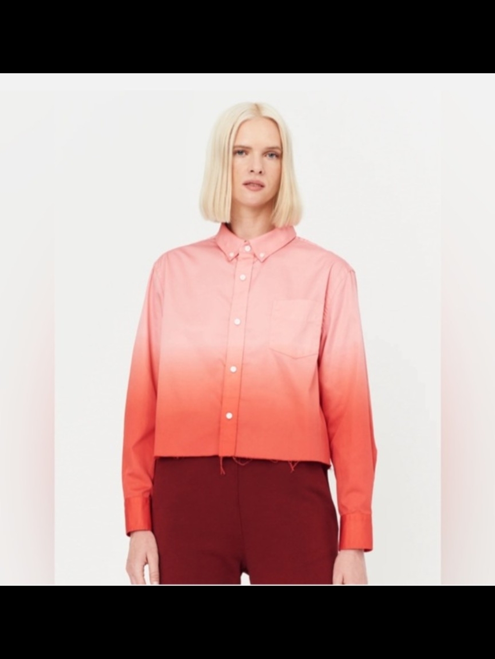 Raquel Allegra Designer Ombre Cropped Button-Up Shirt in Pink to Red Luxury Sz M